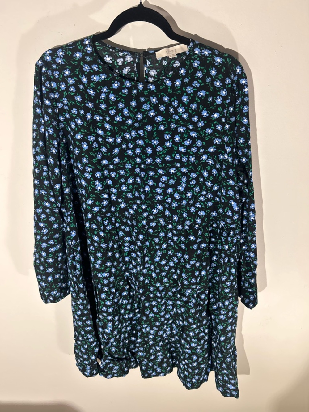LOFT Black Dress with Blue and Green Floral Print with Pockets